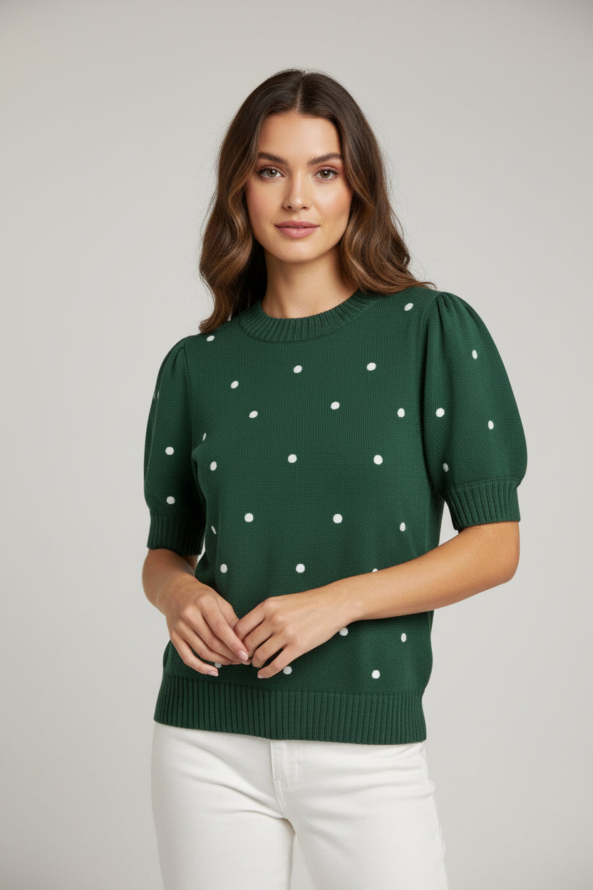 ROUND NECK PUFF SHORT SLEEVE "POLKA DOT" EMBROIDERED SWEATER TOP