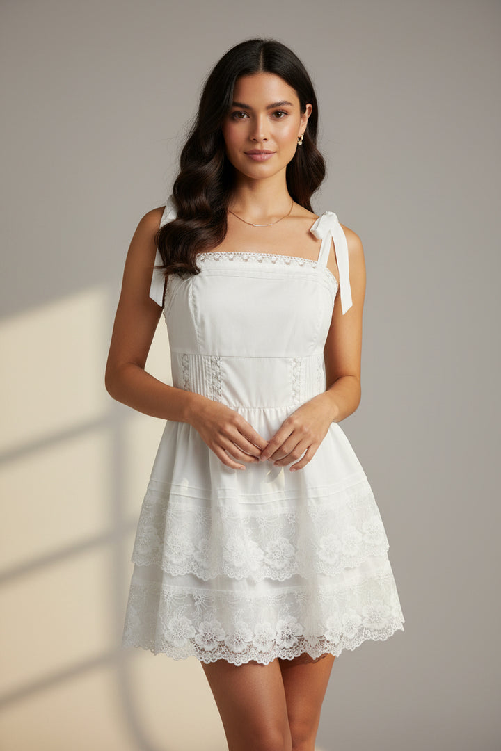 SHOULDER TIE MINI LACE DRESS