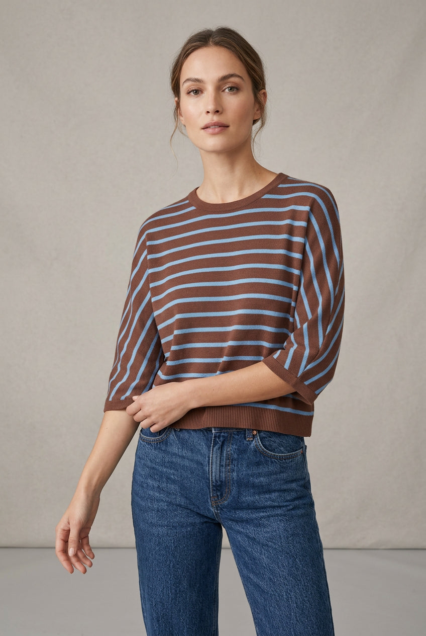 BOXY STRIPE SHORT SLEEVE SWEATER TOP