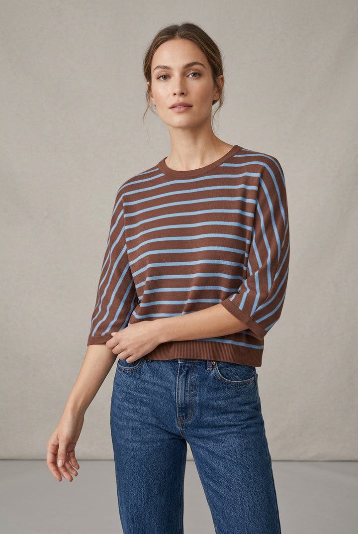 BOXY STRIPE SHORT SLEEVE SWEATER TOP