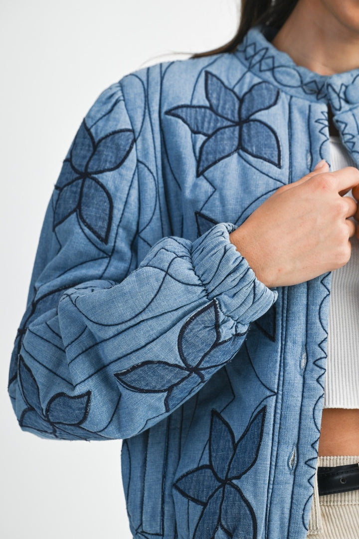 Flower and Scallop Stitched Quilted Jacket