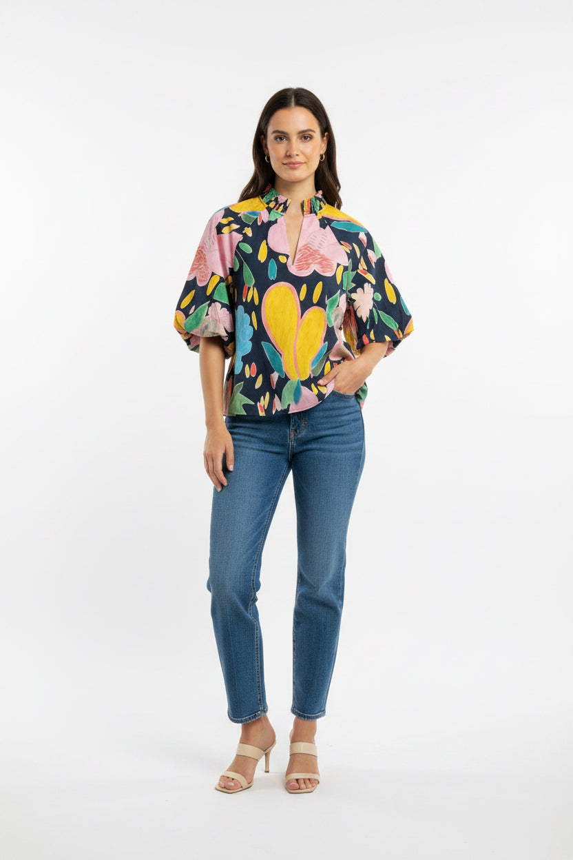 PUFF SLEEVE FLORAL PATTERN V-NECK TOP