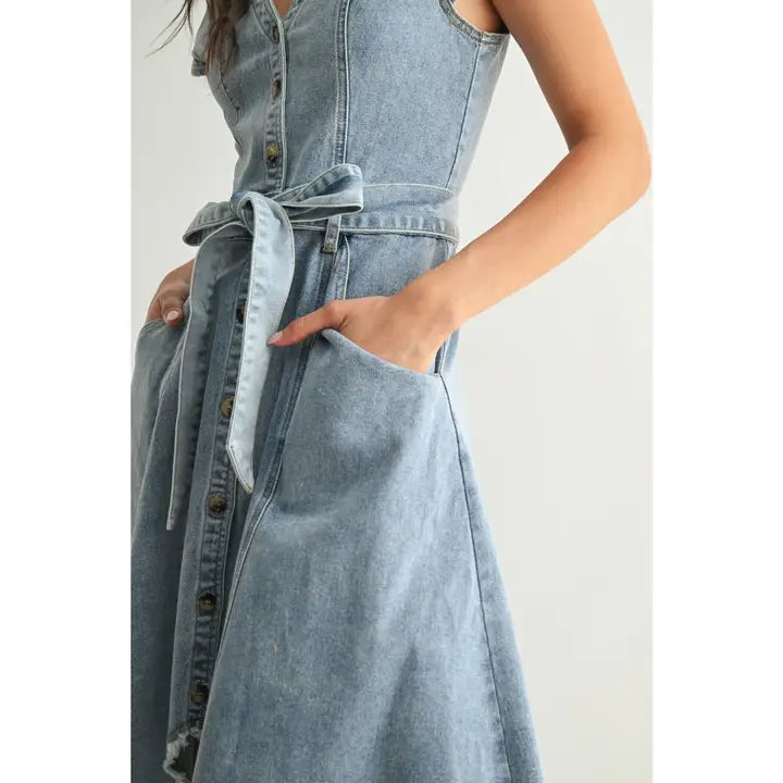 Stretch Denim Buttoned High Low Dress