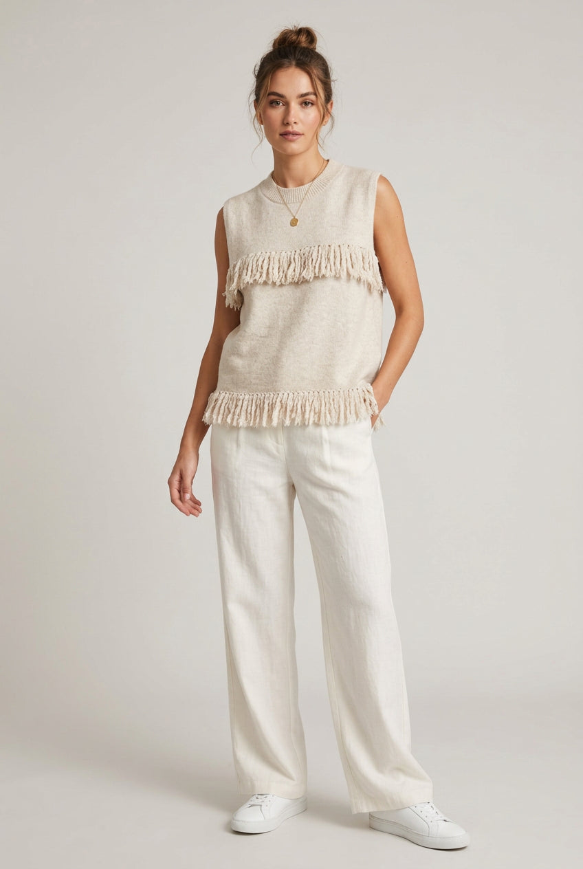 SLEEVELESS FRINGE KNIT TOP