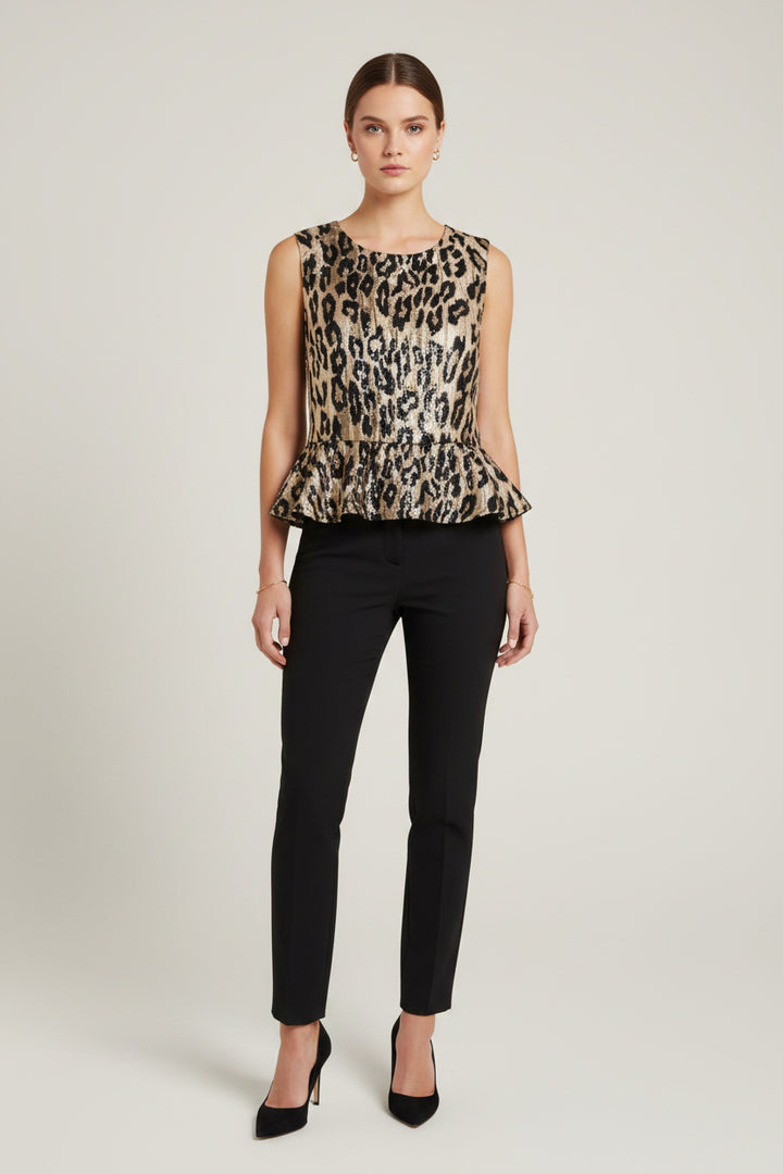 METALLIC LEOPARD JACQUARD PEPLUM TOP