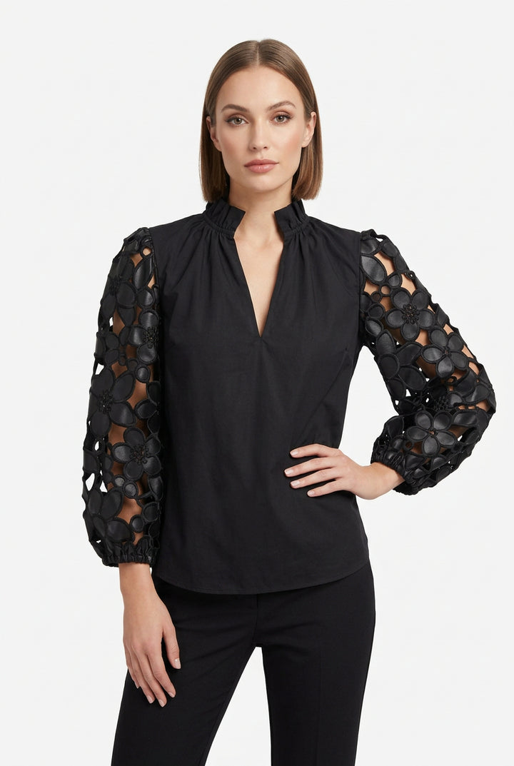 HOLLOW OUT FLORAL SLEEVE TOP