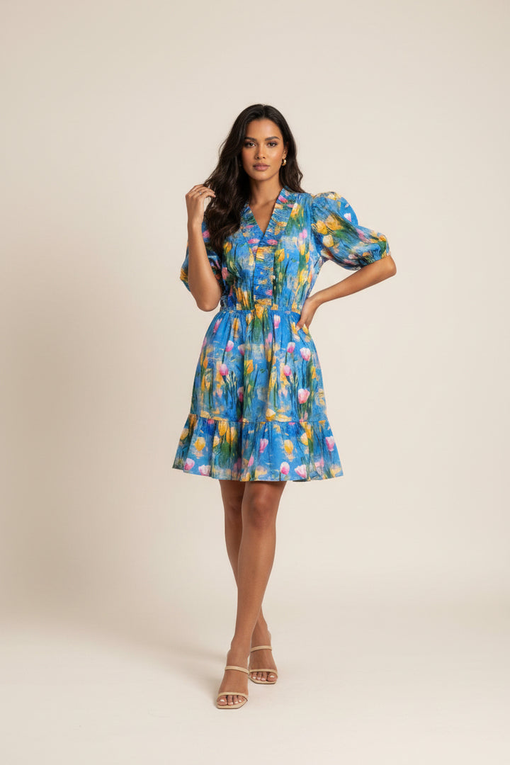 SMOCKED NECK AND WAIST WITH PUFF SLEEVE MINI DRESS