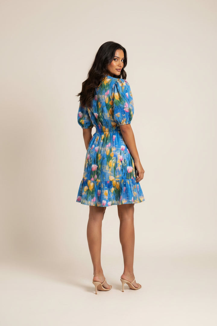 SMOCKED NECK AND WAIST WITH PUFF SLEEVE MINI DRESS