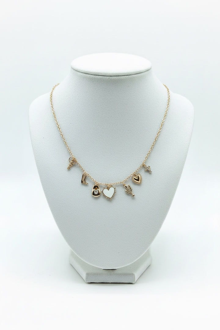 GOLD WESTERN CHARM NECKLACE WITH WHITE HEART CENTER
