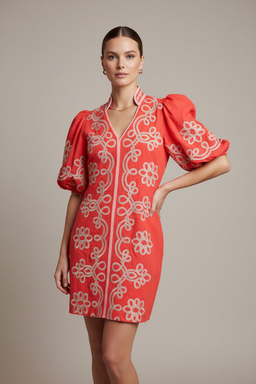 EMBROIDERED BUBBLE SLEEVE DRESS