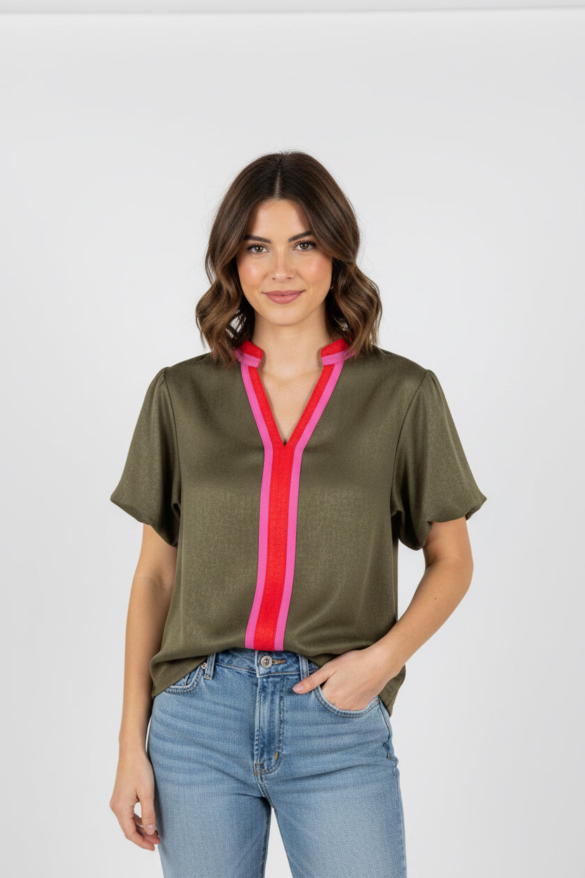 SUEDE TOP WITH COLOR BLOCKING DETAIL