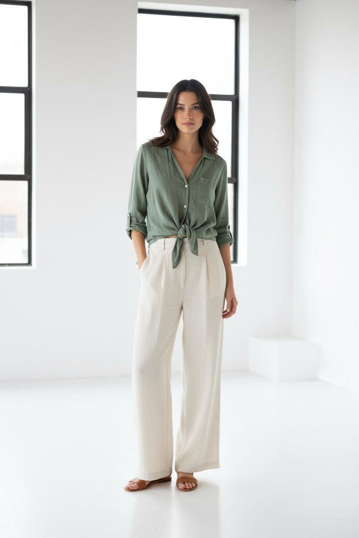 Linen Front Tie Button Shirt