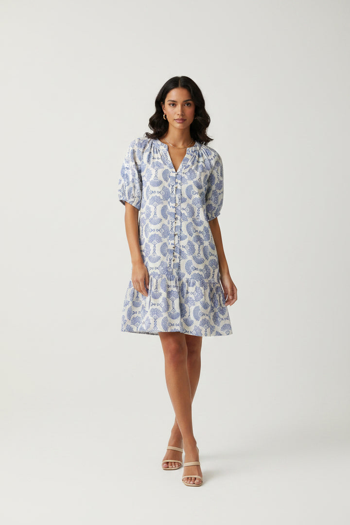 SHORT SLEEVE WOVEN PRINT BUTTON DOWN MINI DRESS WITH FULL LINING AND POCKETS