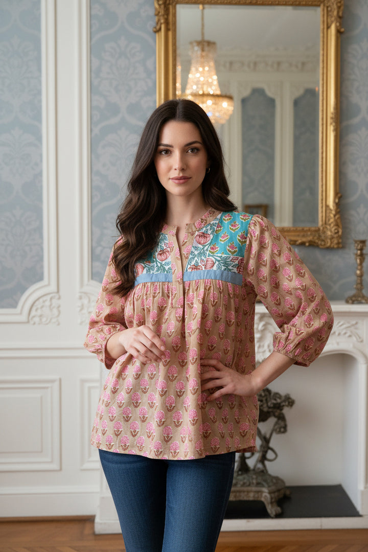LONG SLEEVE FLORAL PATTERN V-NECK TOP