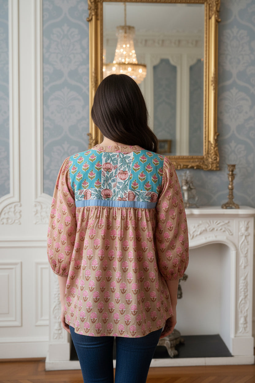LONG SLEEVE FLORAL PATTERN V-NECK TOP