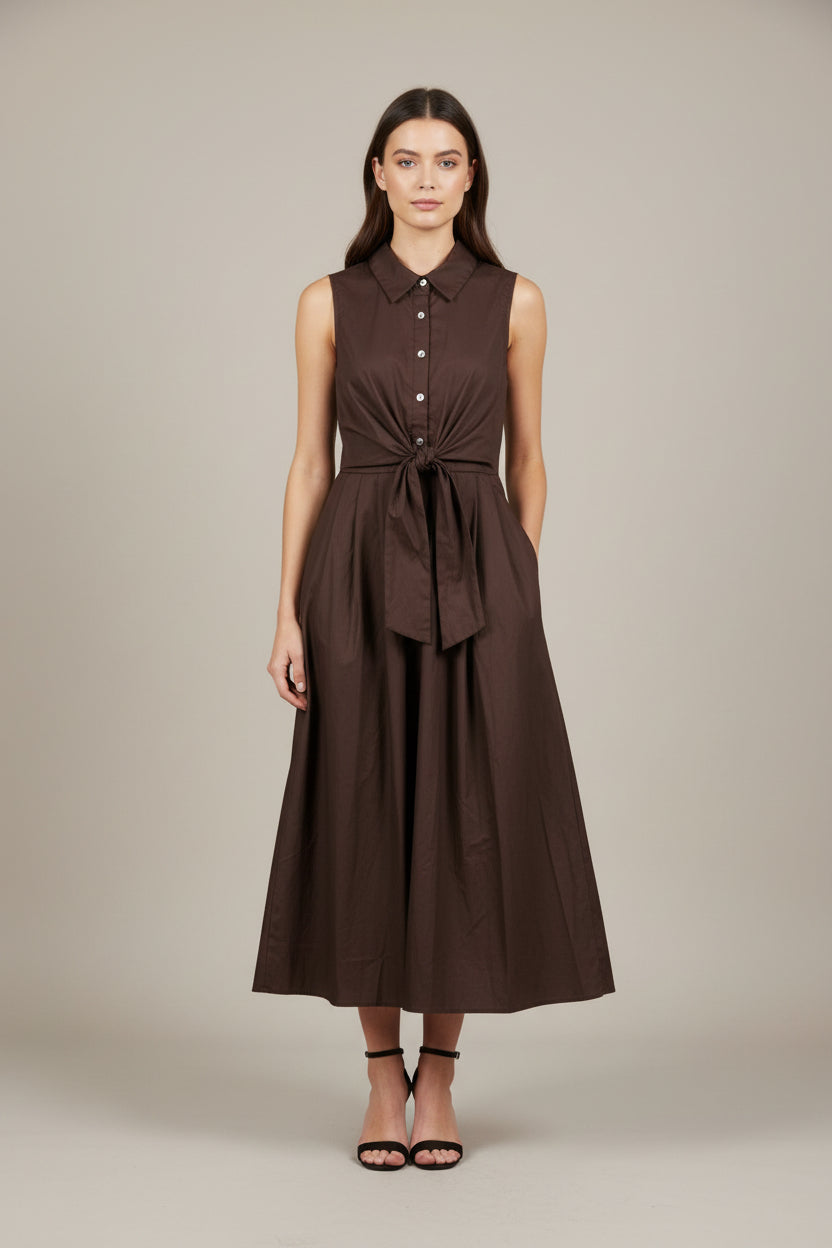 FRONT TIE COLLARED MIDI DRESS