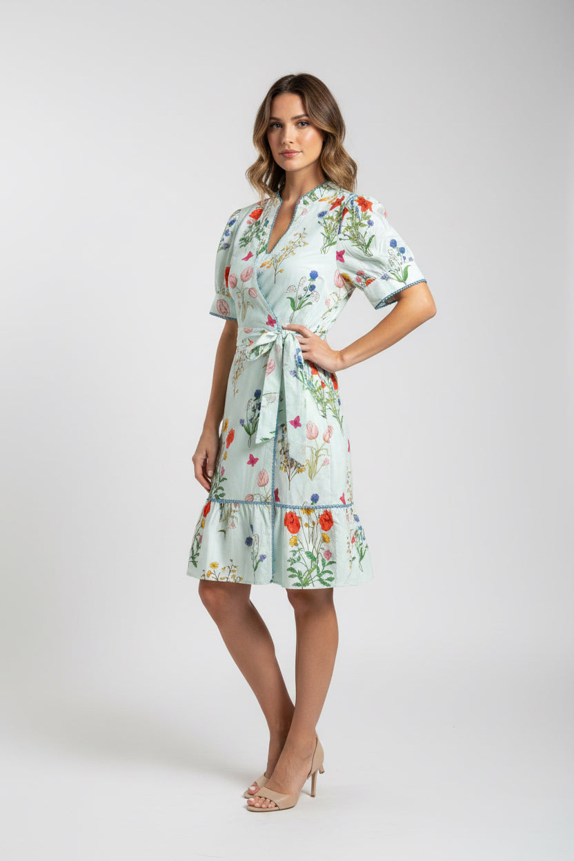 SCALLOPED V-NECK, BELTED MINI DRESS
