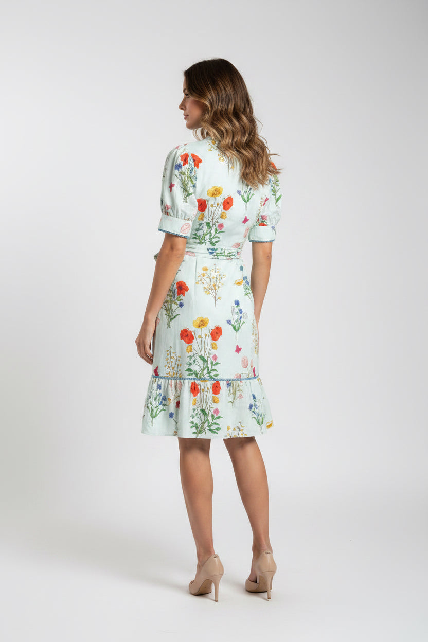 SCALLOPED V-NECK, BELTED MINI DRESS