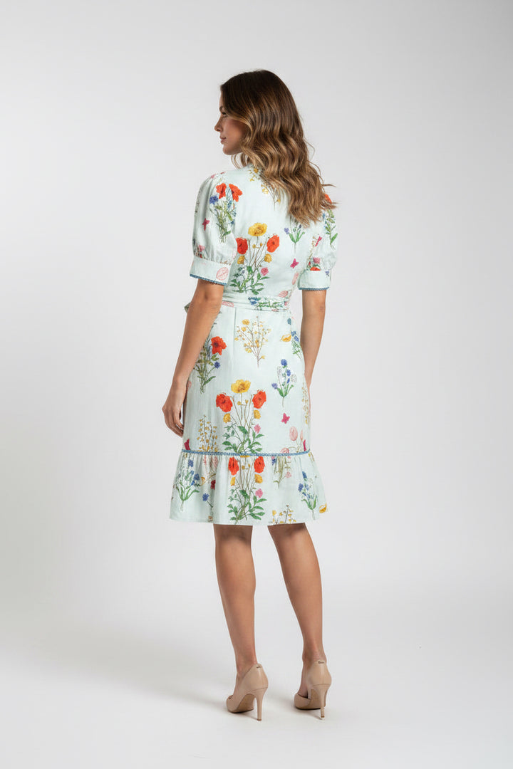 SCALLOPED V-NECK, BELTED MINI DRESS