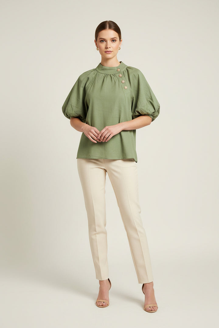 PUFF SLEEVE GOLD TONED SIDE BUTTONS TOP