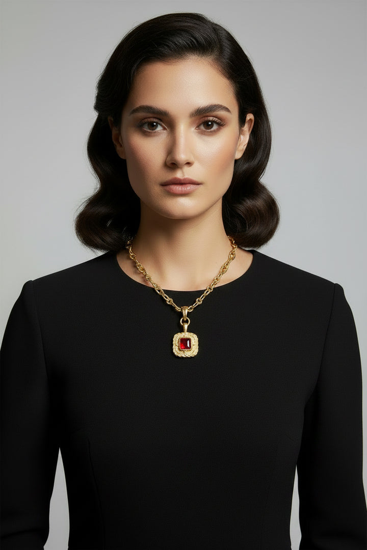GOLD SQUARE WITH RED STONE NECKLACE