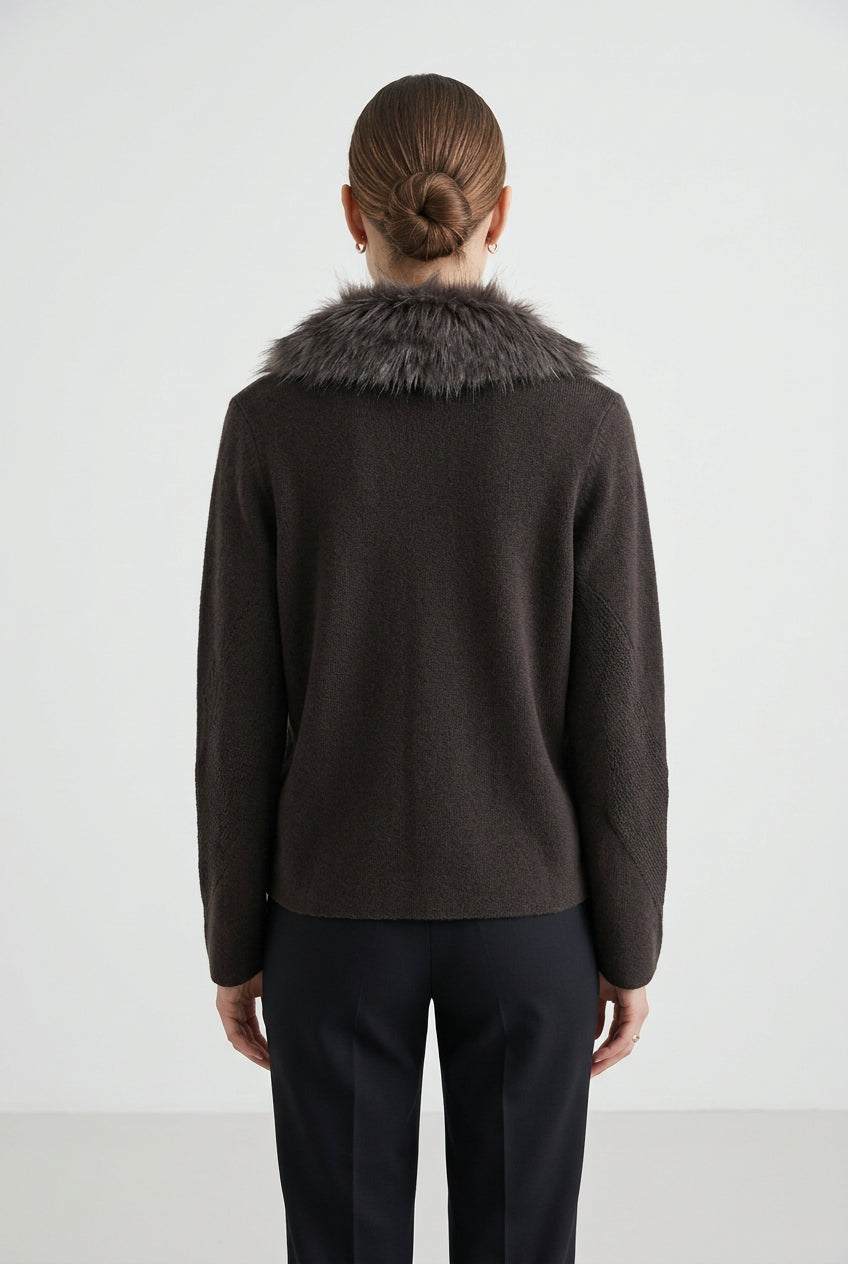 FUR NECK BUTTON CARDIGAN