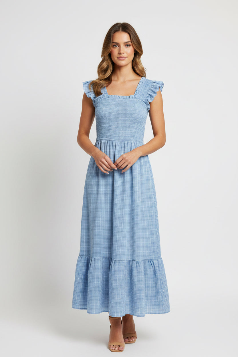 RUFFLE STRAP WOVEN MIDI DRESS