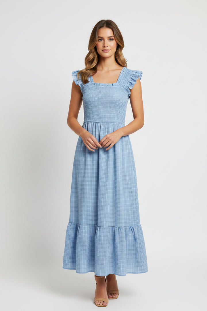 RUFFLE STRAP WOVEN MIDI DRESS