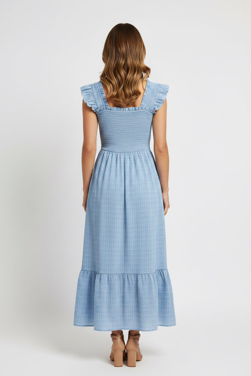 RUFFLE STRAP WOVEN MIDI DRESS