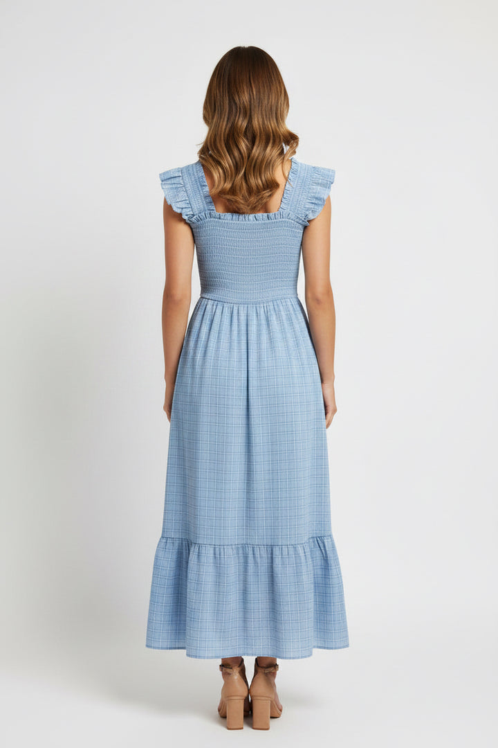 RUFFLE STRAP WOVEN MIDI DRESS