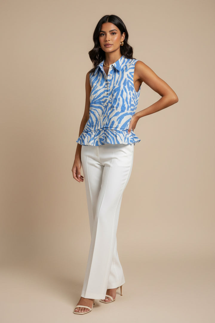 COLLARED TANK TOP WITH FRONT POCKET AND RUFFLED BOTTOM