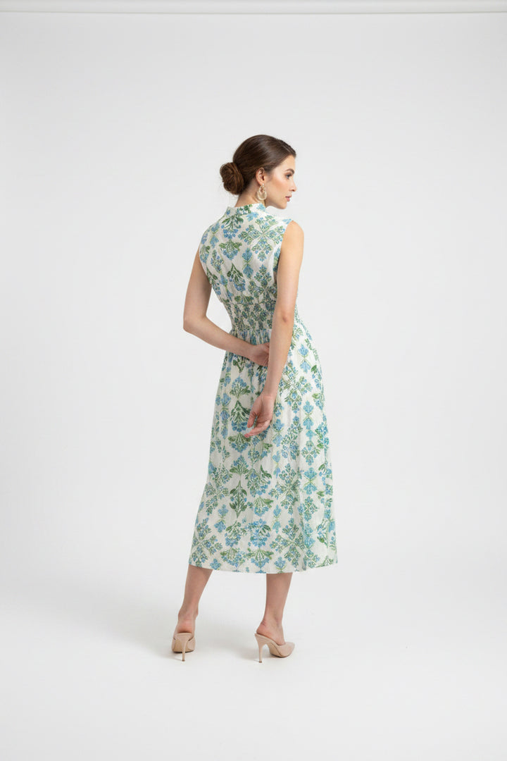 DROP SHOULDER SMOCKED WAIST FRONT ZIP PRINTED MIDI DRESS WITH POCKETS