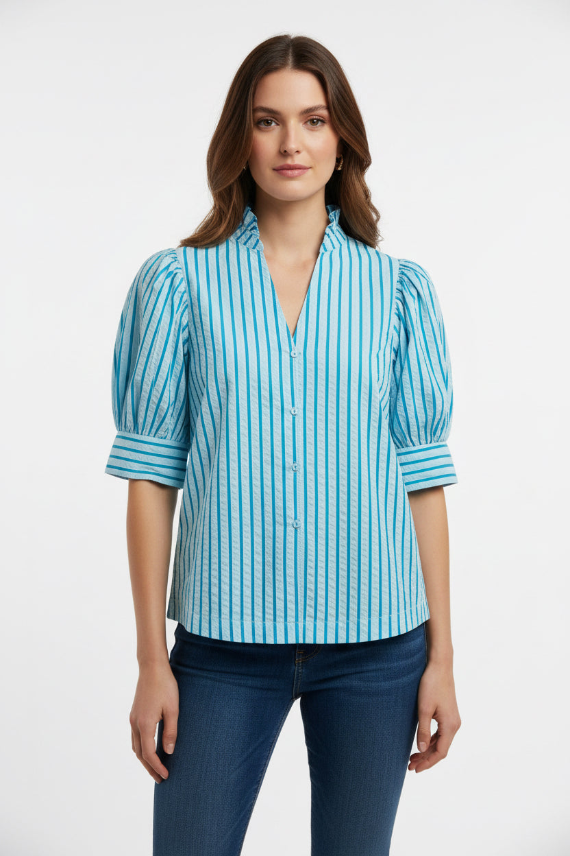 RUFFLE V-NECK PUFF SLEEVE BUTTON DOWN SHIRT