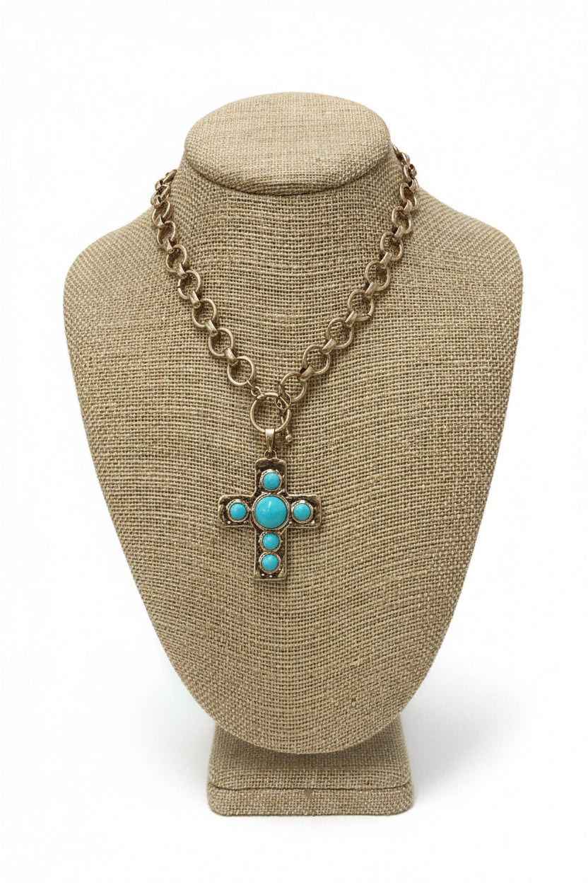 HAMMERED WESTERN TURQUOISE CROSS NECKLACE