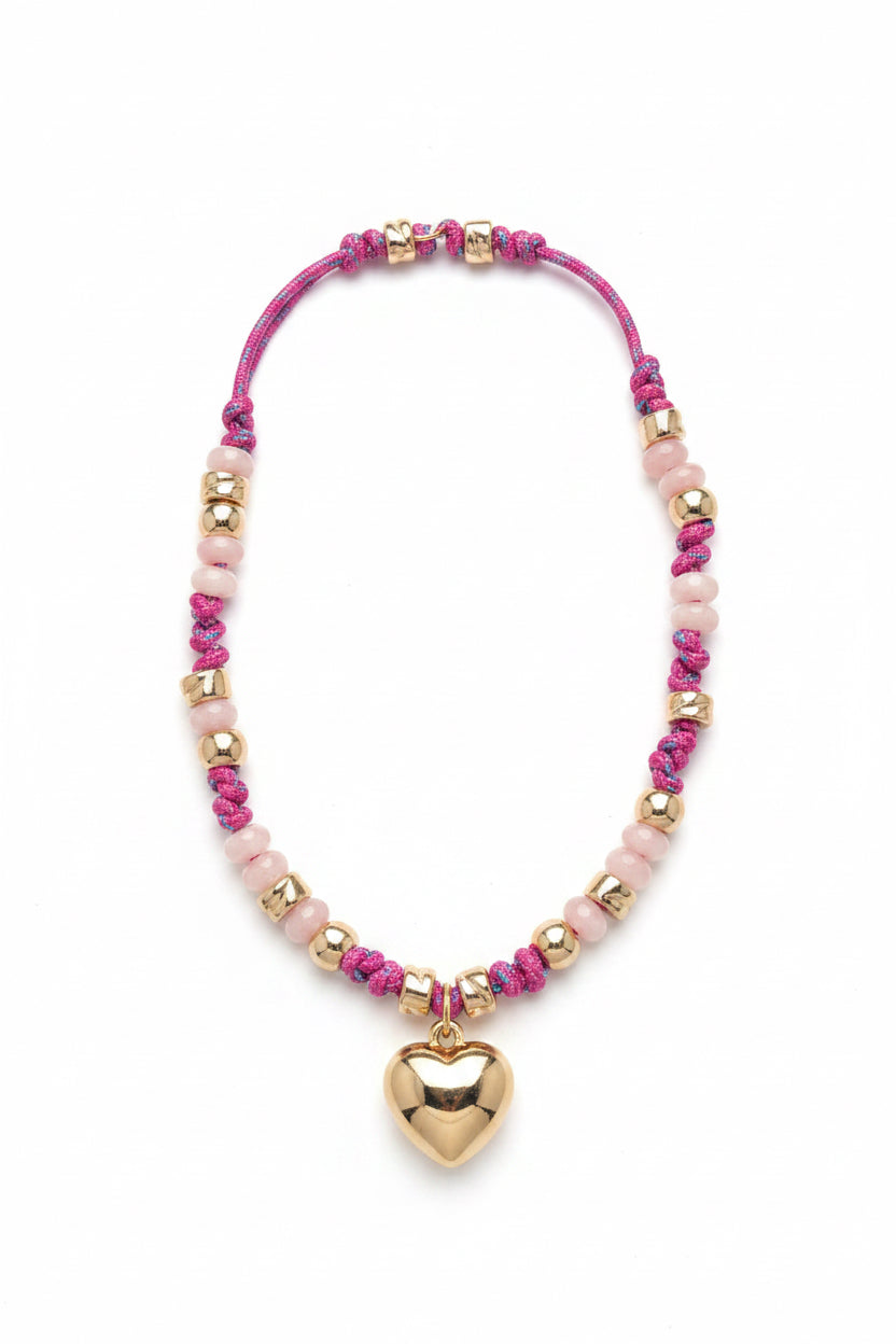 Puffy Heart Charm with Natural and Gold Beads 16"-18" Necklace