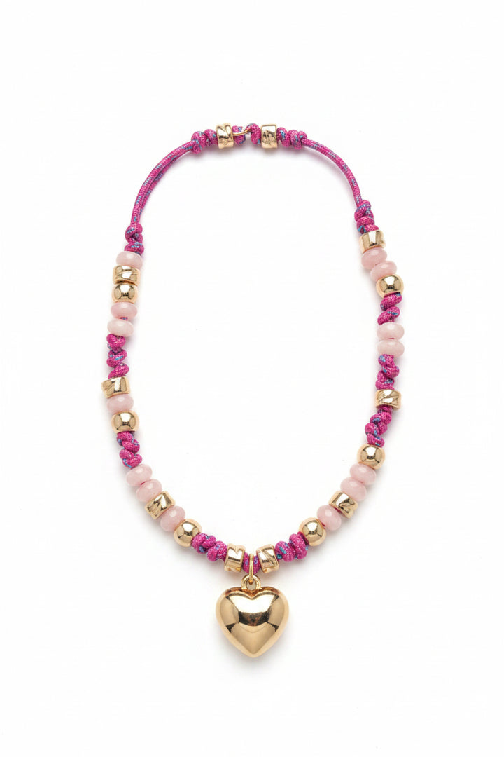 Puffy Heart Charm with Natural and Gold Beads 16"-18" Necklace