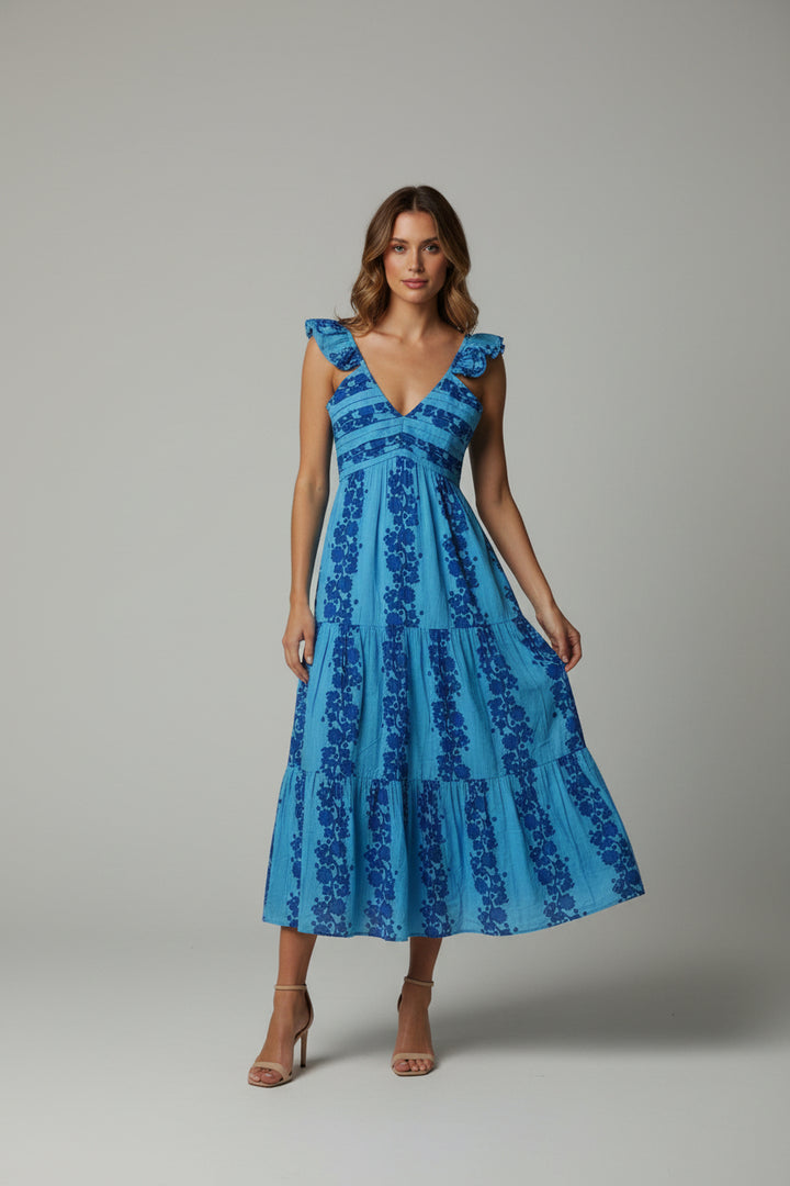 FLUTTER SLEEVE PATTERNED PRINT MIDI DRESS