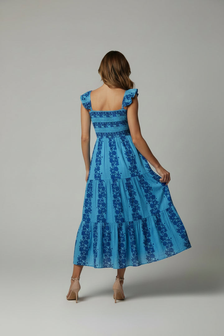 FLUTTER SLEEVE PATTERNED PRINT MIDI DRESS