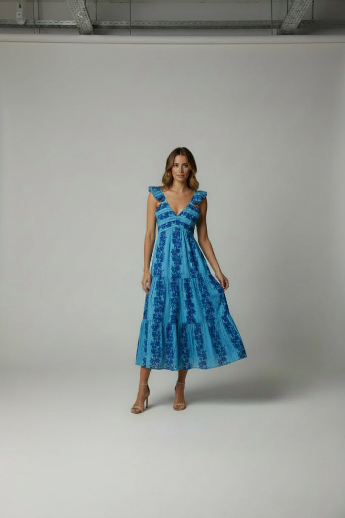 FLUTTER SLEEVE PATTERNED PRINT MIDI DRESS