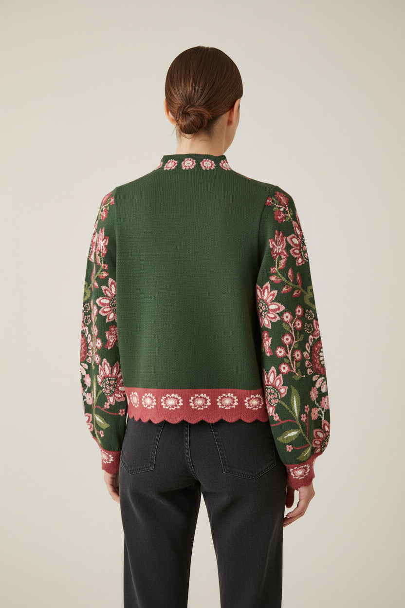 HIGH NECK LONG SLEEVE FLORAL SWEATER