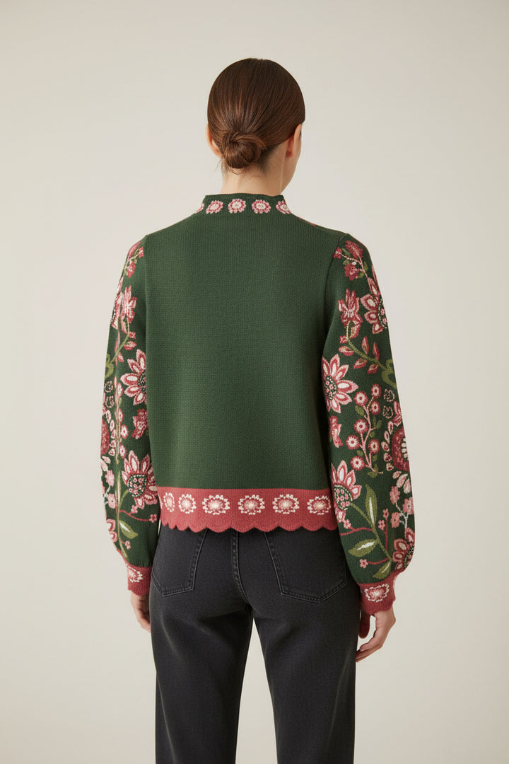 HIGH NECK LONG SLEEVE FLORAL SWEATER