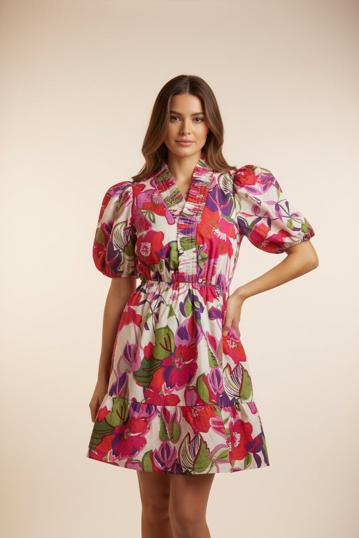SMOCKED V-NECK FORAL MINI DRESS