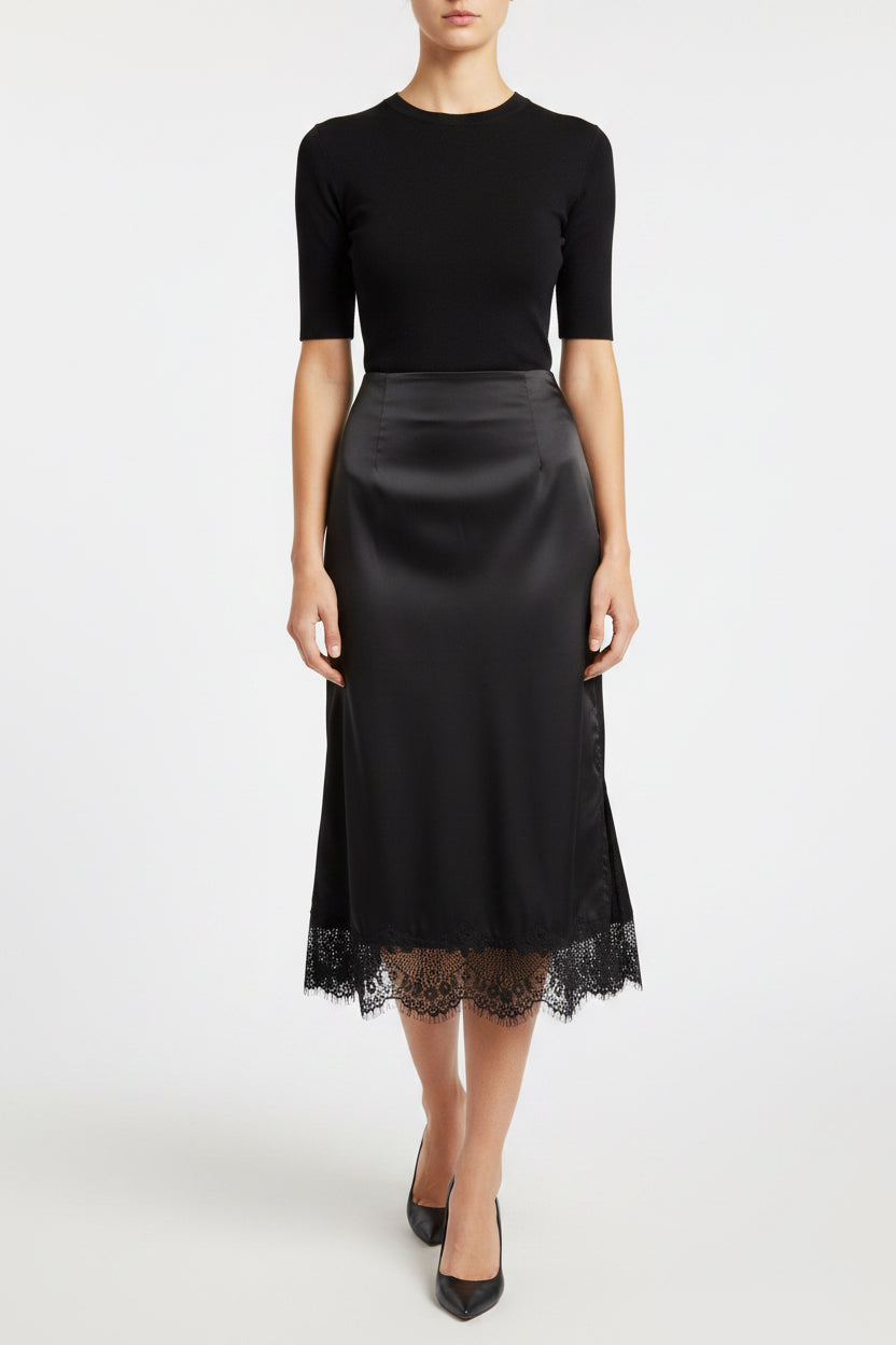 STRETCH SATIN STRIGHT LINE LACE HEM MIDI SKIRT WITH SIDE OPEN