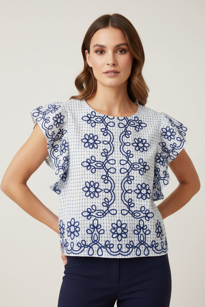 FLUTTER SLEEVE CHECKERED PATTERN EMBROIDERY TOP