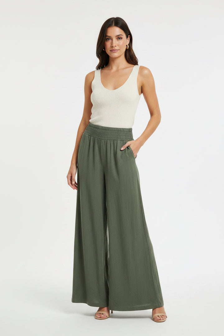 Linen Smocked Waist Palazzo Pant