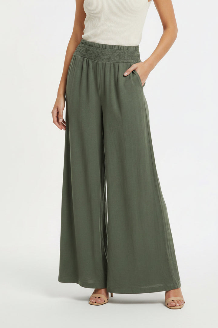Linen Smocked Waist Palazzo Pant