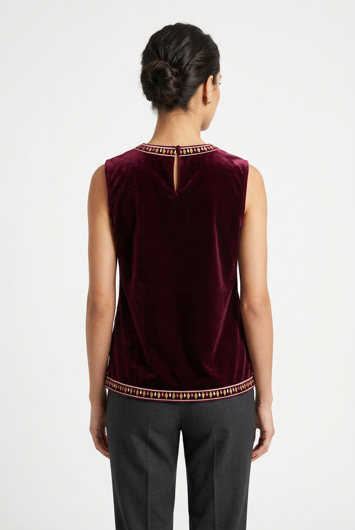 SLEEVELESS EMBROIDERY DETAIL VELVET TOP