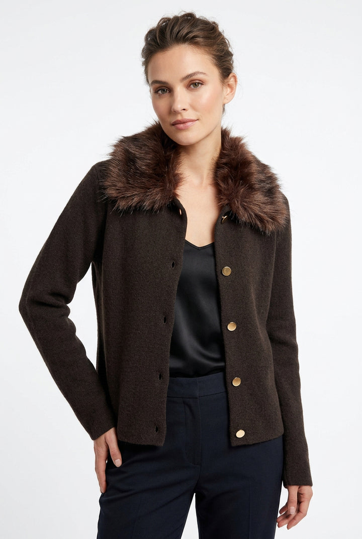 FUR NECK BUTTON CARDIGAN