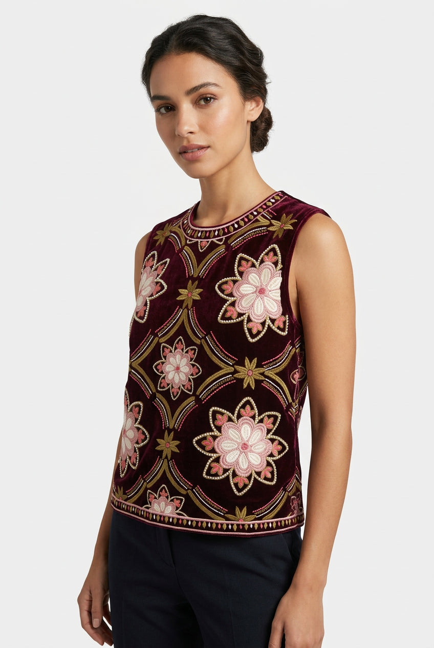 SLEEVELESS EMBROIDERY DETAIL VELVET TOP