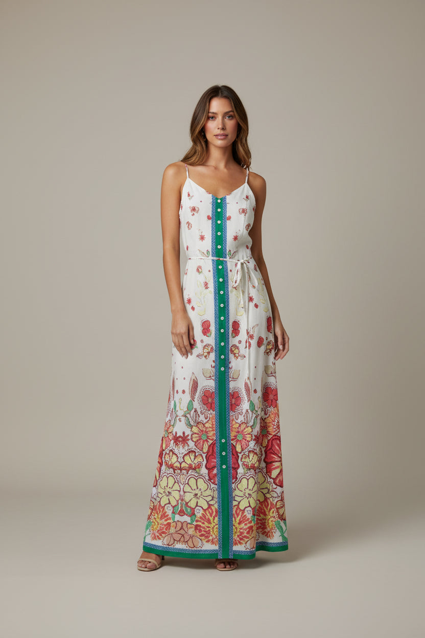 FLORAL BORDER BUTTON FRONT MAXI DRESS
